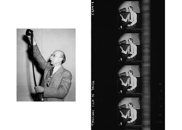 Иосиф Тыкоцинский смотрит на пленку, использованную во время первой демонстрации его системы, 1949, фото: UIA, Joseph T. Tykociner Papers